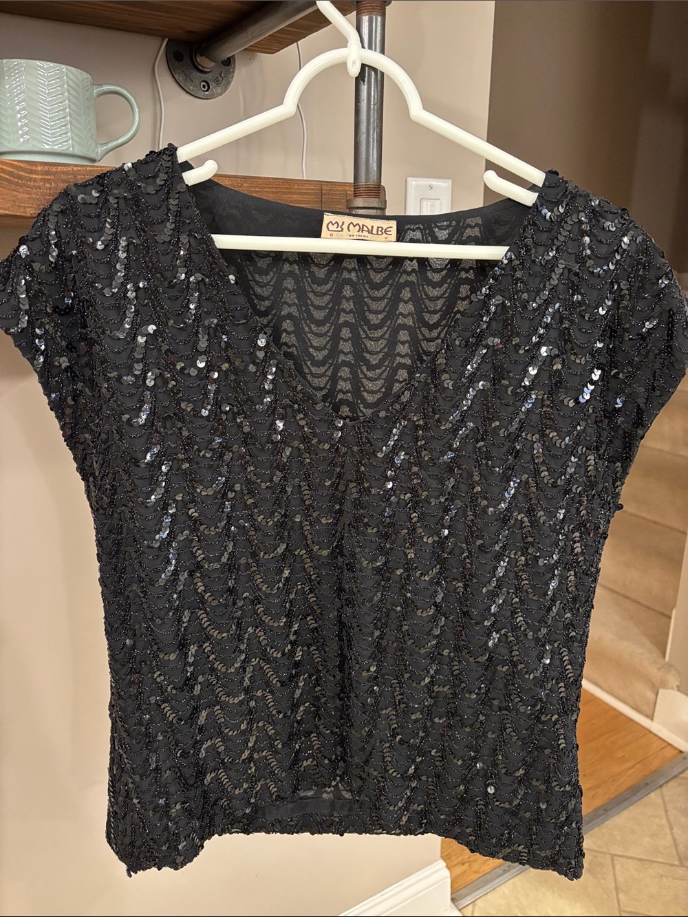 Black Sequin Short-Sleeve Evening Top